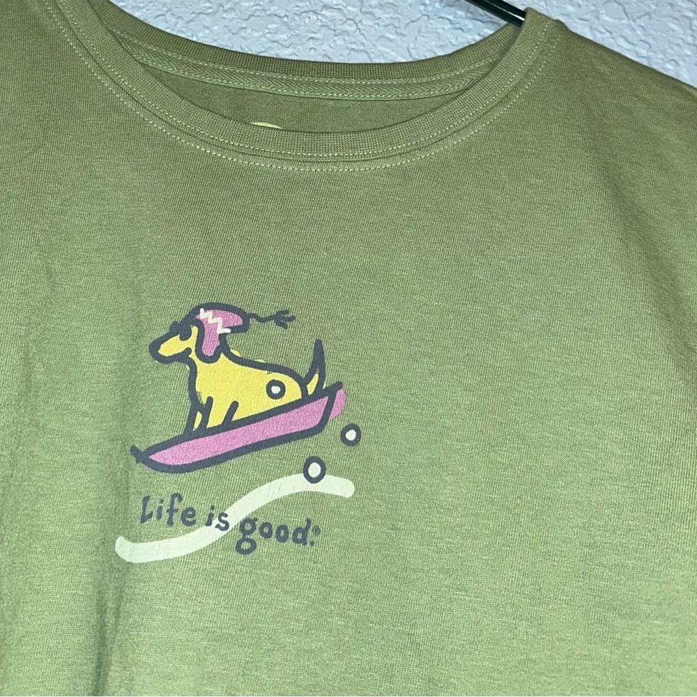 Life Is Good Olive Tee with Yellow Dog and Pink Hat